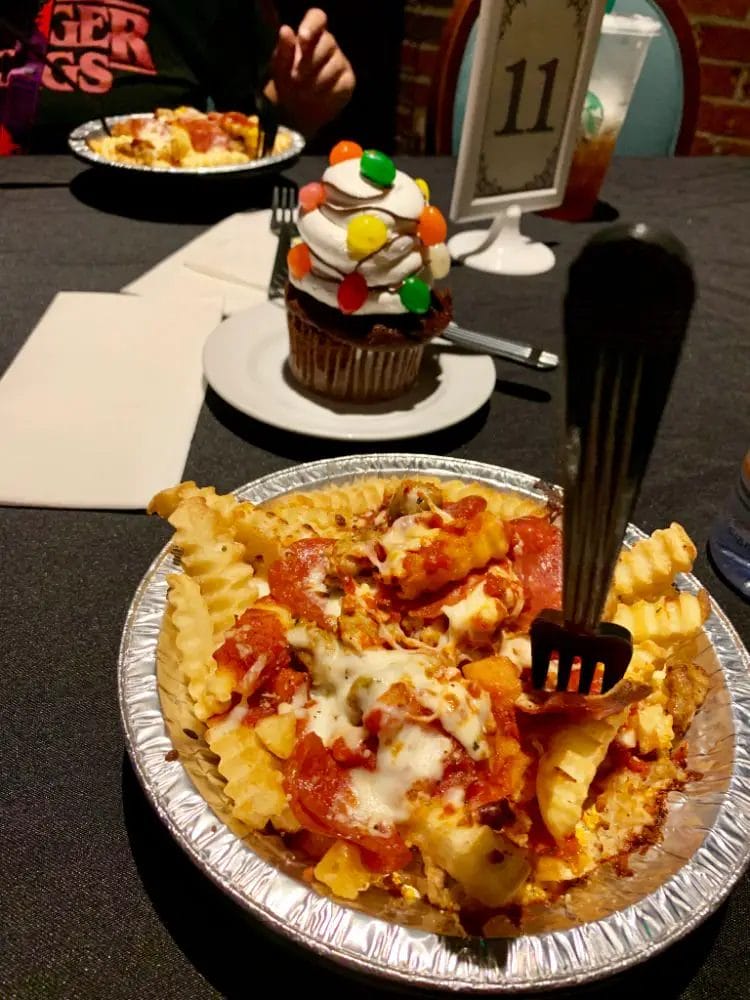 Halloween Horror Nights 2019 Food Pizza Fries and Cupcakes\